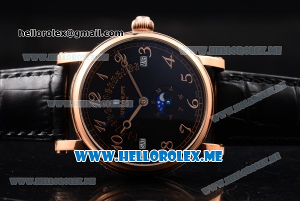 Patek Philippe Grand Complications Asia ST25 Automatic Rose Gold Case with Black Dial and Black Leather Strap Arabic Numeral Markers - Click Image to Close